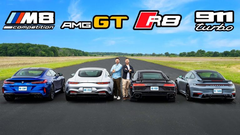 درگ جذاب مرسدس AMG GT63، پورشه 911 توربو، بی‌ام‌و M8 و آئودی R8